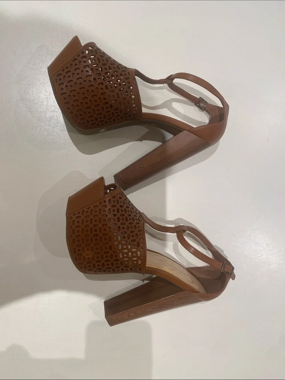 Jessica Simpson Tan Laser-Cut T-Strap Platform Sandals
